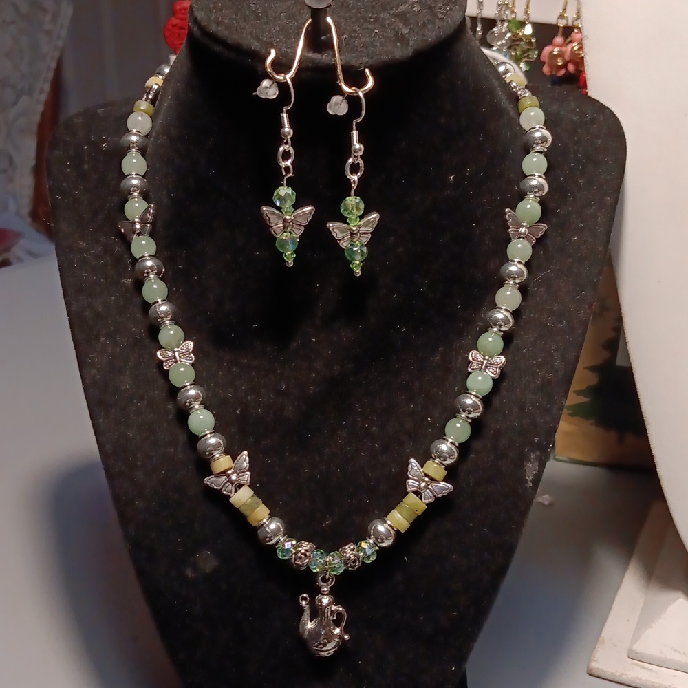 Butterfly Charm Necklace and Earring Set / Green Jade & Amozonite Beads